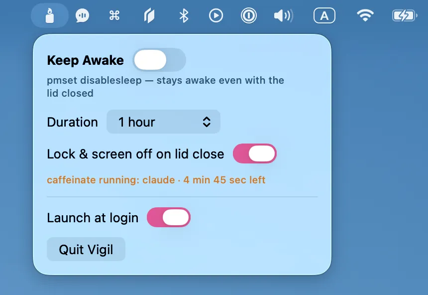 The Vigil menu opened from the macOS menu bar, showing the Keep Awake toggle, duration picker, and lid-close options